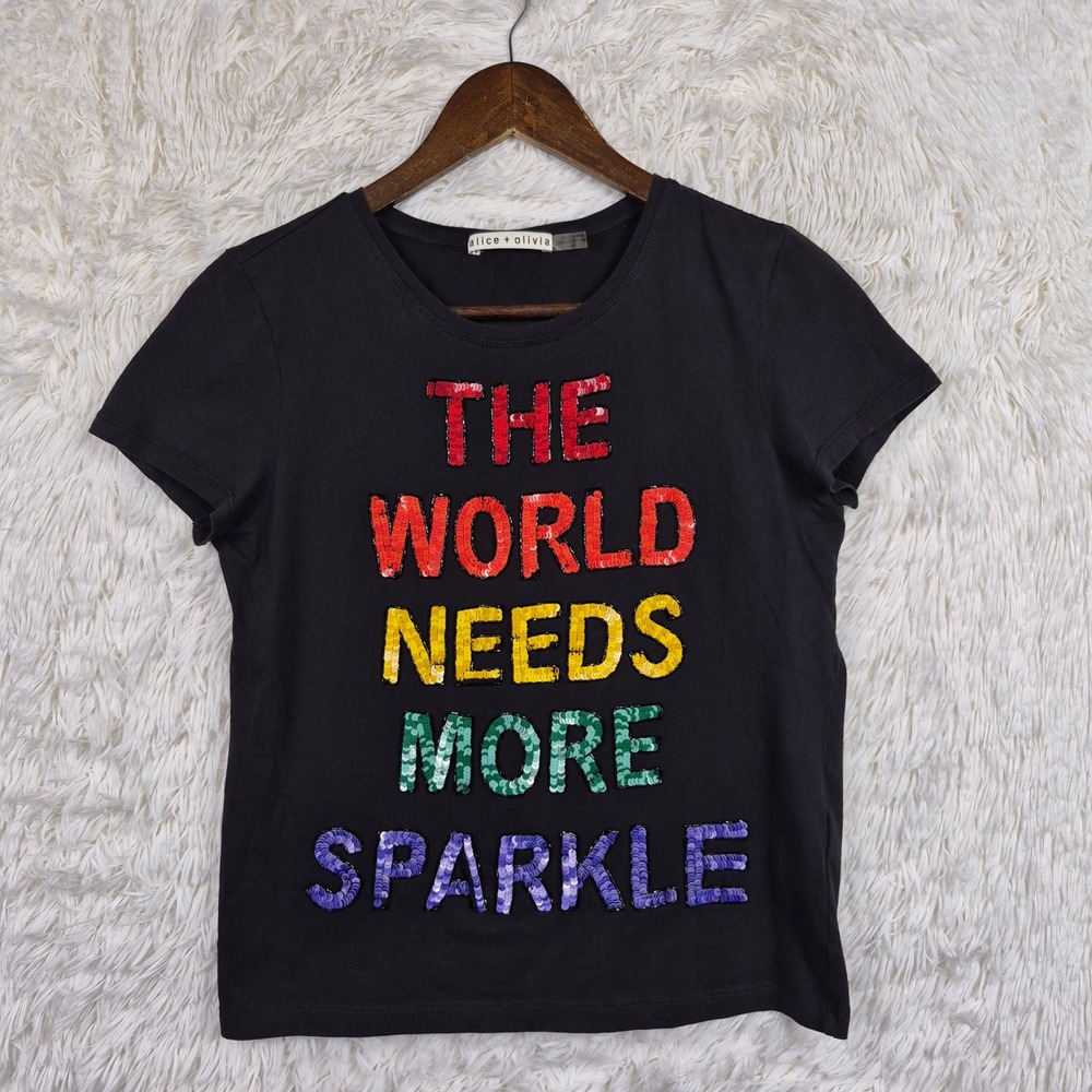 Alice + Olivia The World Needs More Sparkle Sequin Graphic Tee Black Small